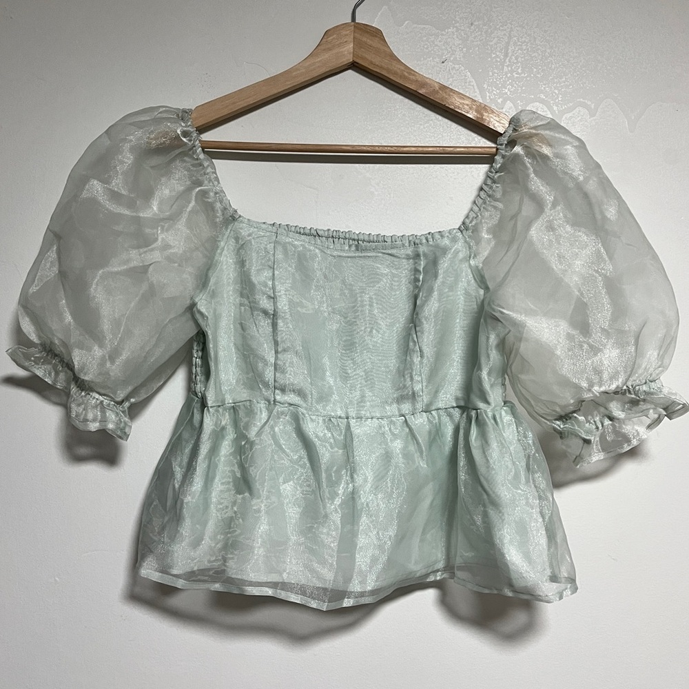 Japna Mint Green Puff Sleeve Smocked Peplum Top - Size M - Picture 2 of 10